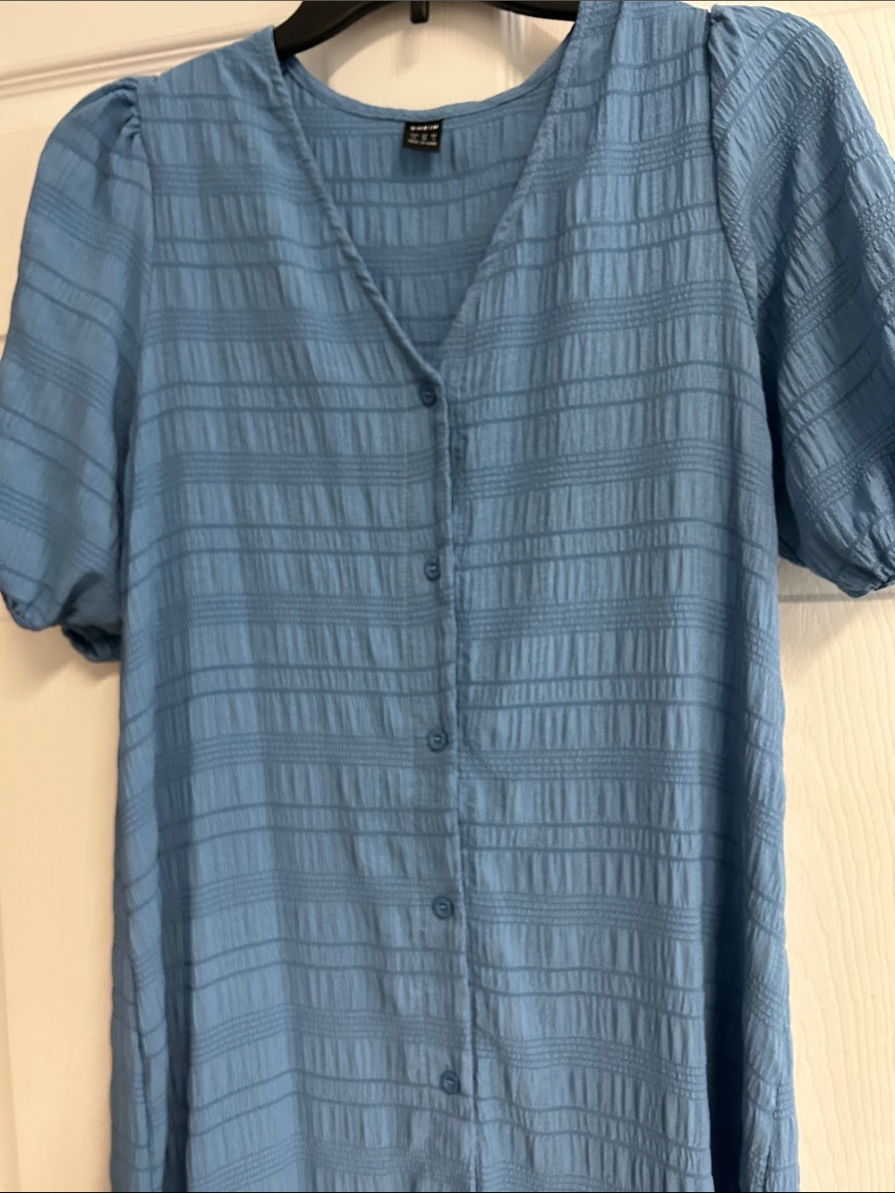 SHEIN Dusty Blue Button-Front Midi Dress with Puff Sleeves. WORN ONCE! - Picture 6 of 11